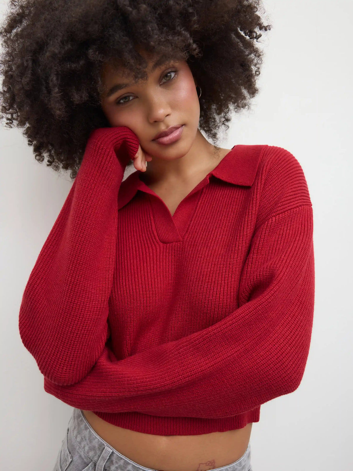 Knitted Polo Collar Solid Sweater