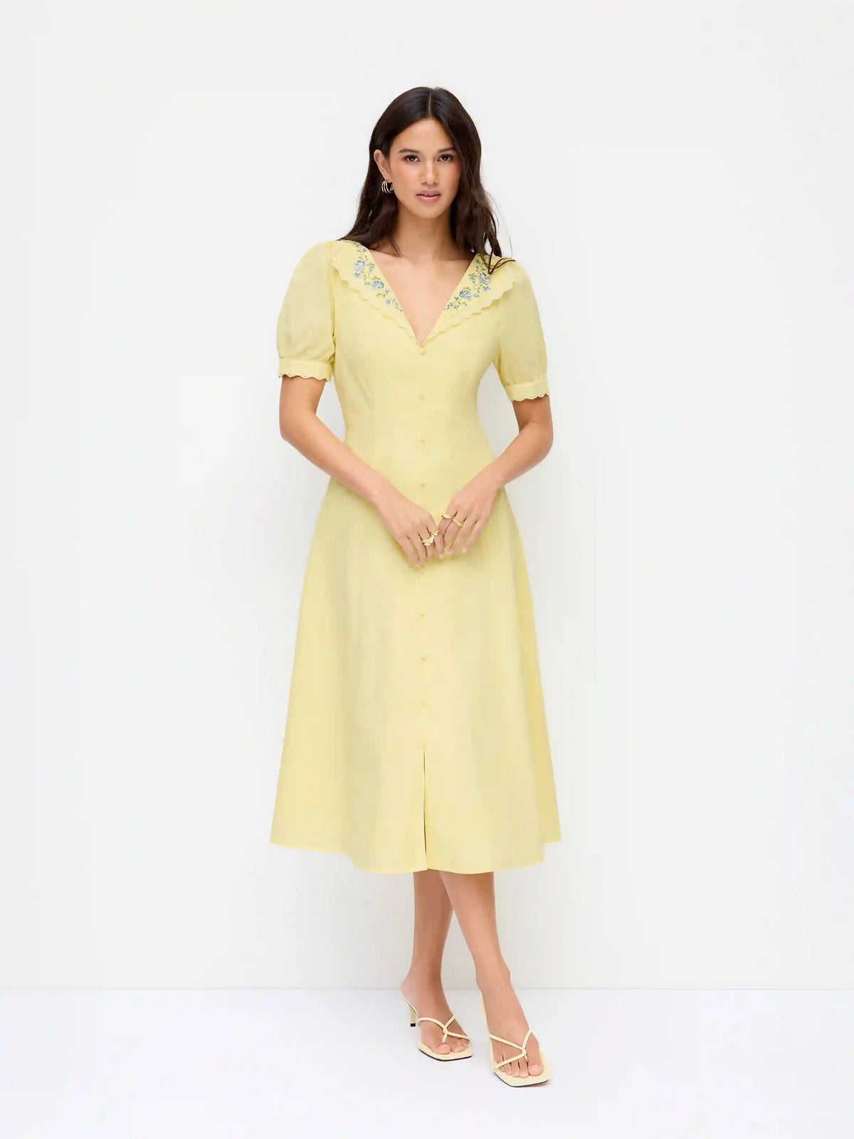 Cotton-blend Floral Graphic V-neck Lantern Sleeve Embroidery Midi Shirt Dress