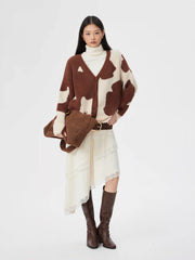 Wool-blend V-neck Cow Print Contrast Trim Cardigan