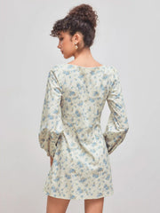 Corduroy Square Neck Floral Knotted Mini Dress
