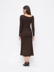 Asymmetrical Neck Long Sleeve Ruched Draped Maxi Dress