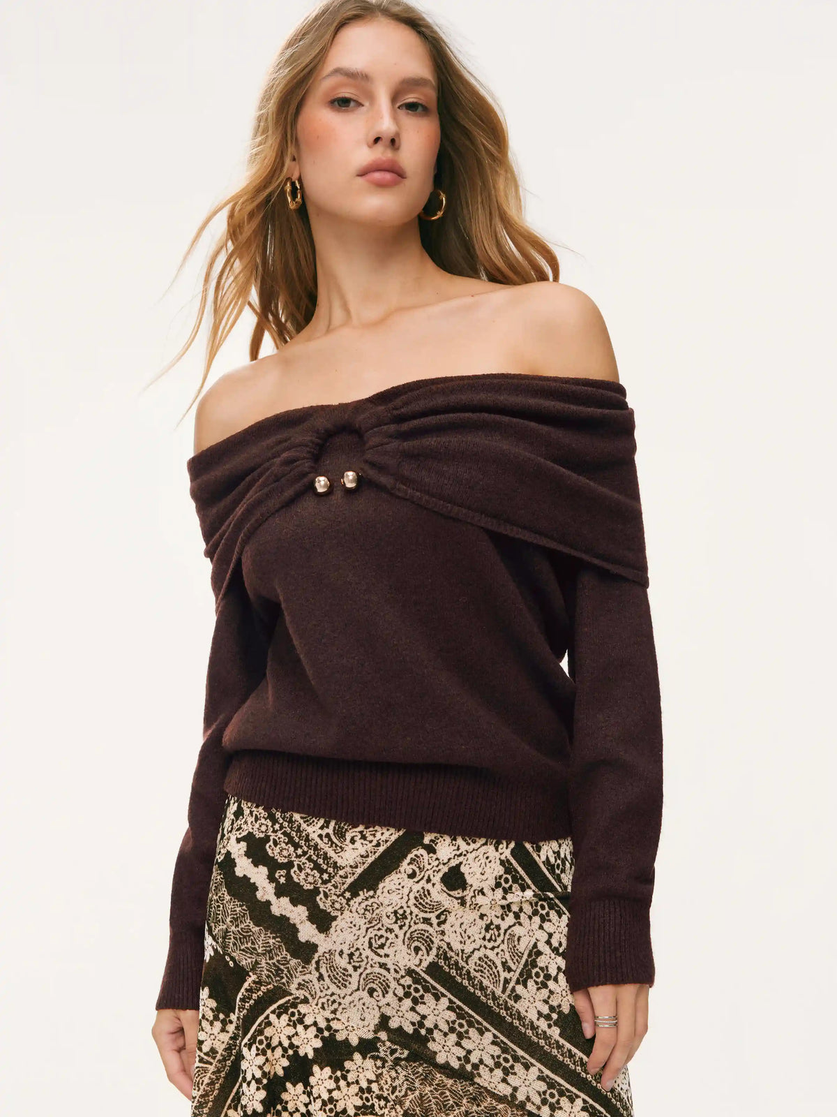 Wool-blend Knit Off-Shoulder Metal Detail Pierced Oversized Sweater