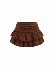 Suede Low Rise Ruched Layered Mini Skirt