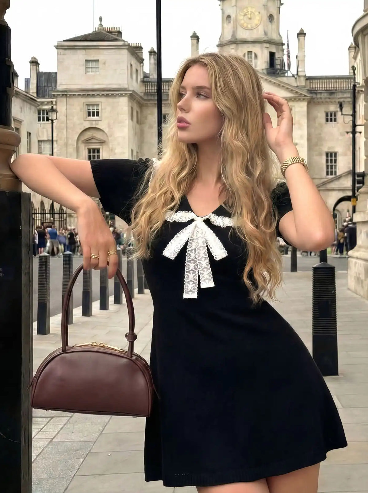 Knit Lace Trim Bowknot A-line Mini Dress