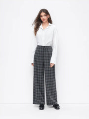 Mid Rise Plaid Pleated Wide Leg Trousers
