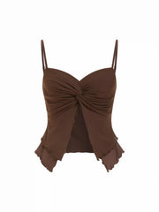V-neck Double Layered Twist Lettuce Trim Cami Top