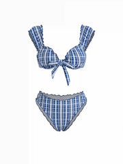 Blue Plaid Sweetheart Ruched Triangle Bikini Set With Ruffled Trim