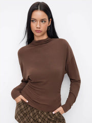 Cotton-blend High Neck Long Sleeve Ruched Cinched Waist Top