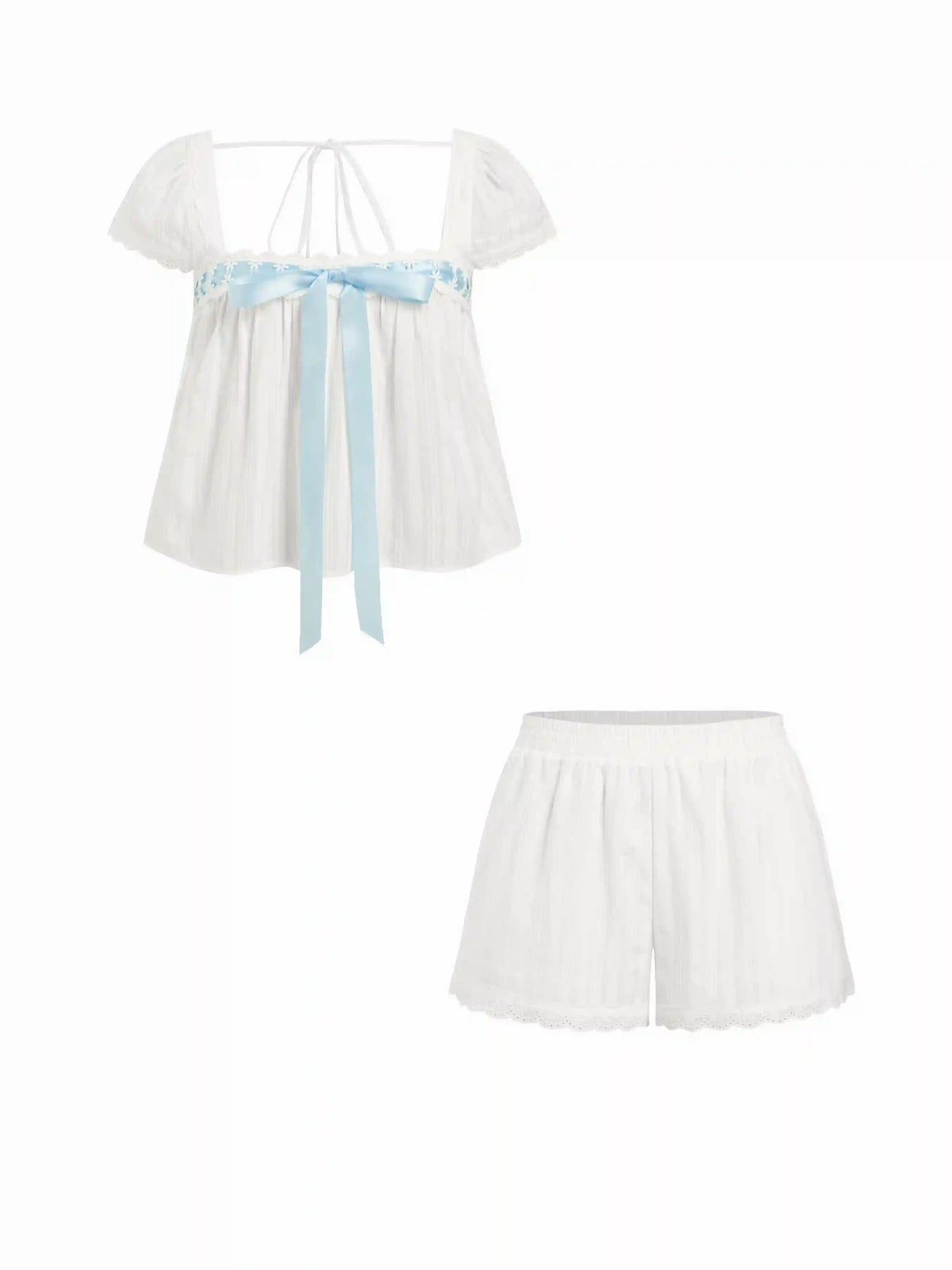 Cotton Square Neck Puff Sleeve Bowknot Top & Shorts Set