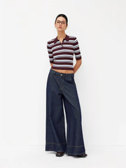 Knit Collar Stripe Button Mid-length Sleeve Top