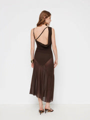 Mesh Cowl Neck Backless See-through Ruffle Hem Maxi Bodysuit Dress