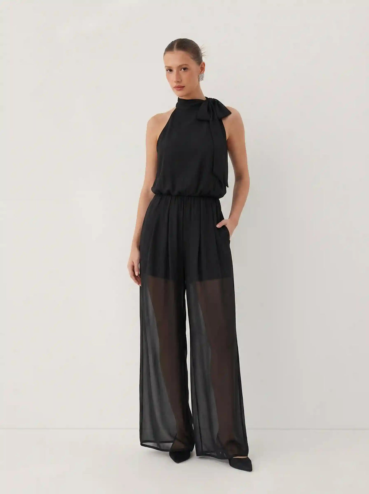 Chiffon Stand Collar Bowknot Straight Leg Jumpsuit