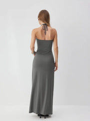 High Stretch Viscose Halter Neck Drawstring A-line Maxi Dress