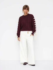 Cable Knit Round Neckline Lace Up Knotted Oversized Sweater