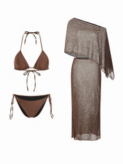 Halter Neckline Triangle Tie Side Bikini Set with Poncho Top & Maxi Skirt Cover Up
