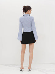 Cotton-blend Collar Stripe Ruched Bell Sleeve Shirt