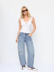 Denim Low Rise Ripped Barrel-leg Cropped Oversized Jeans