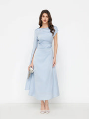Satin Boat Neck Pleated Asymmetrical Sleeve Maxi Dress