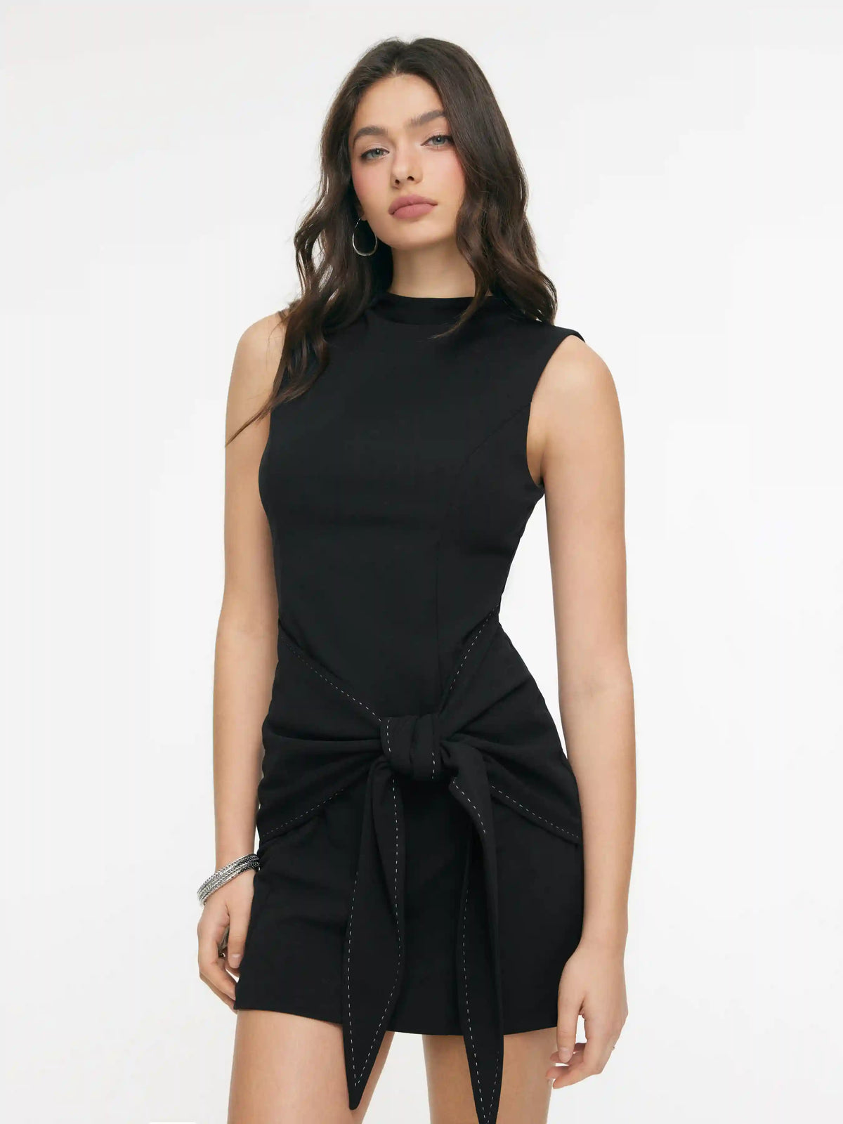 Stand Collar Zipper Knotted Mini Dress
