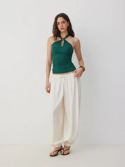 Halter Neckline Beaded Ruched Twist Knotted Top