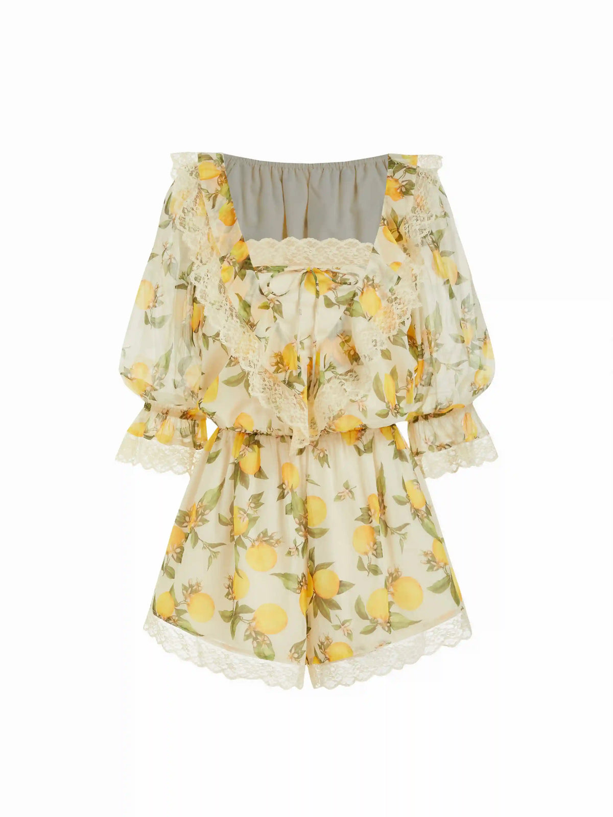 Chiffon Fruit Graphic Square Neck Lantern Sleeve Lace Romper