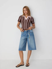 Knit Cotton-blend Stripe Pointelle Polo Neck Colorblock Short Sleeve Top