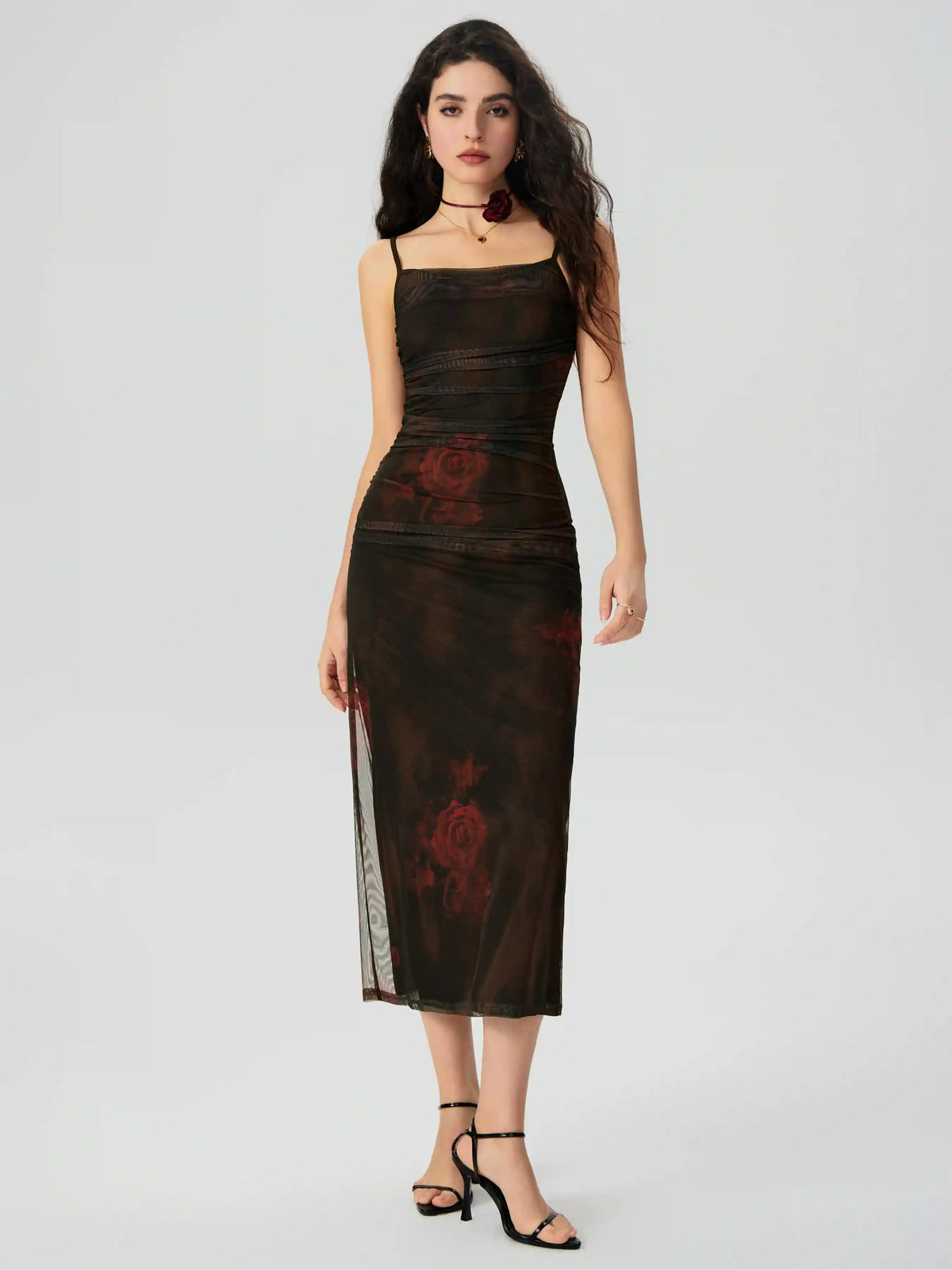 Floral Ruched Mesh Maxi Dress