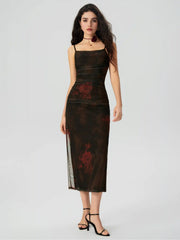Floral Ruched Mesh Maxi Dress