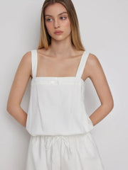 Cotton Square Neckline Lace Trim Drawstring Micro Romper