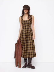 U-neckline Plaid Shirred Pocket Ruffle Midi Dress