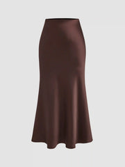 Satin Mid Rise Solid Zipper Maxi Skirt