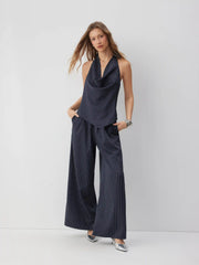 Striped Cowl Neck Tie Back Wide Leg Jumpsuit