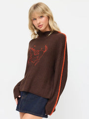 Knit High Neck Horse Embroidery Stitch Oversized Sweater