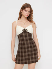 V-neck Plaid Patched Bowknot Cami Mini Dress