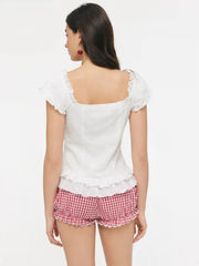 Cotton Embroidery Floral Ruffle Hem Button Blouse