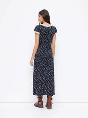 Floral V-neck Short Sleeve Lace Trim Button Maxi Dress