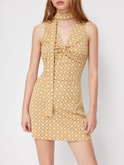 V-neck Geometric Twist Mini Dress With Scarf