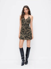 Cotton-blend Halter Neckline Camo Ruched Cami Mini Dress