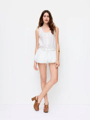 Cotton Textured Square Neck Drawstring Crop Tank Top