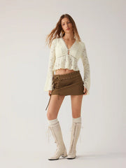 Cotton Belted Metal Detail Tie Side A-line Mini Skirt