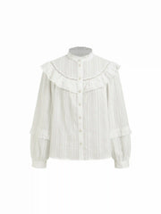 Cotton-blend Stand Collar Puff Sleeve Ruffle Oversized Blouse