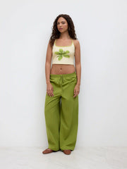Floral Graphic Halter Neckline Contrasting Binding Crop Cami Top
