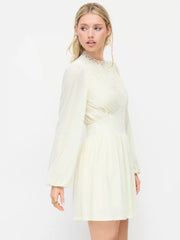 Velvet High Neck Lantern Long Sleeve Contrasting Lace Cinched Waist Mini Dress