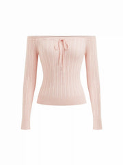 Knit Off-Shoulder Long Sleeve Drawstring Top