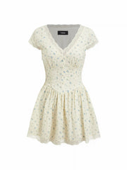 Cotton-blend Textured Floral V-neck A-line Mini Dress
