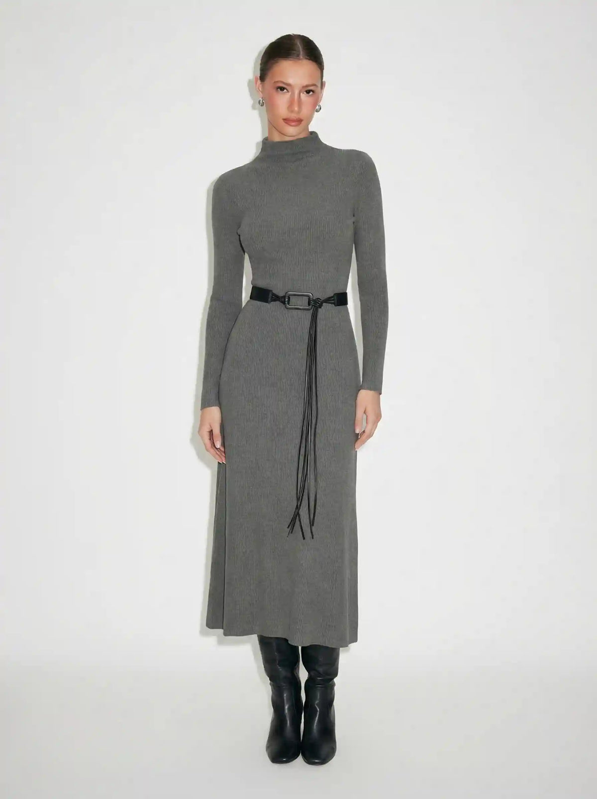 Stand Collar A-line Long Sleeve Maxi Dress