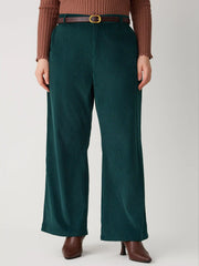 Corduroy Middle Waist Pocket Straight Leg Trousers With Belt Curve & Plus