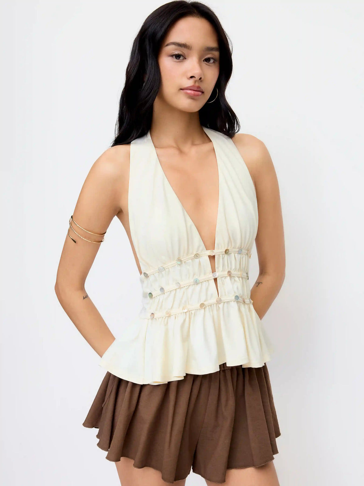 Halter Neckline Ruched Ruffle Hem Top