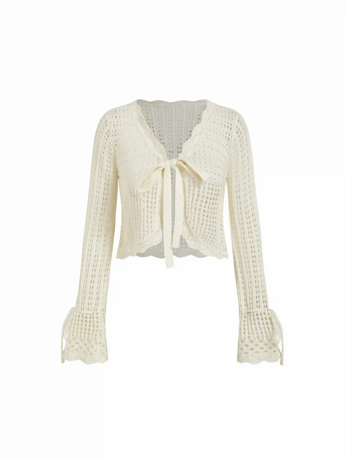 Knit V-Neck Knotted Hollow Out Bell Sleeve Cropped Oversized Top