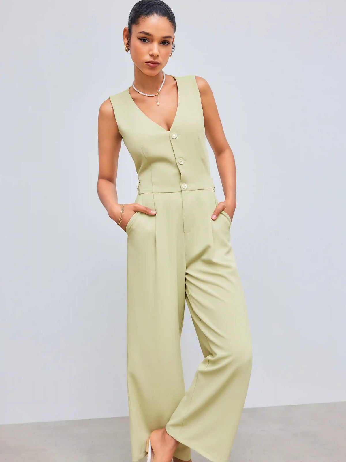 Woven V-neck Solid Pocket Cut Out Vest Jumpsuit